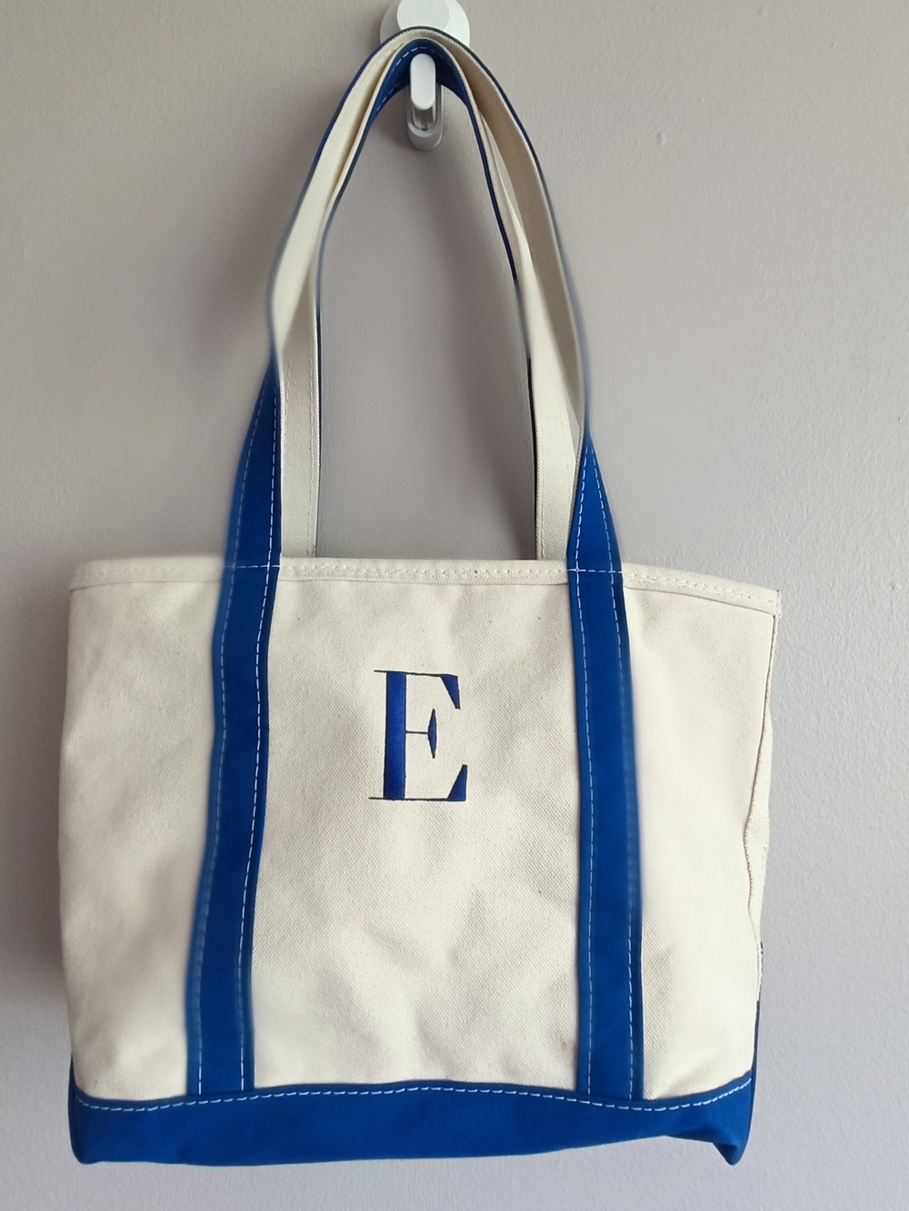 VTG L.L. Bean Boat & Tote Medium Zip-Top Long Handles Regatta Blue Monogram E
